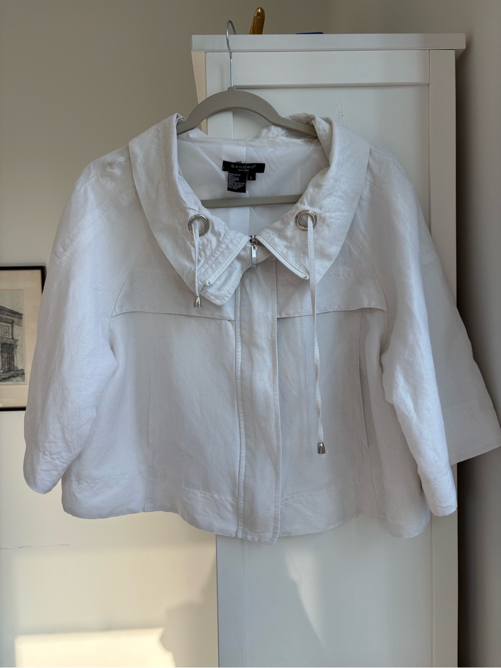 Sandro Sportwear White Linen Crop Funnel Neck Jacket size L Coastal Funnel Neck